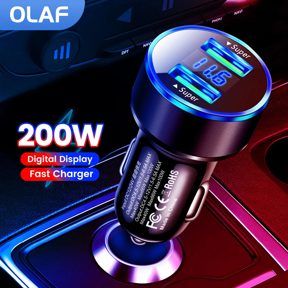 200W Car Charger Dual USB Ports Super Fast Charging