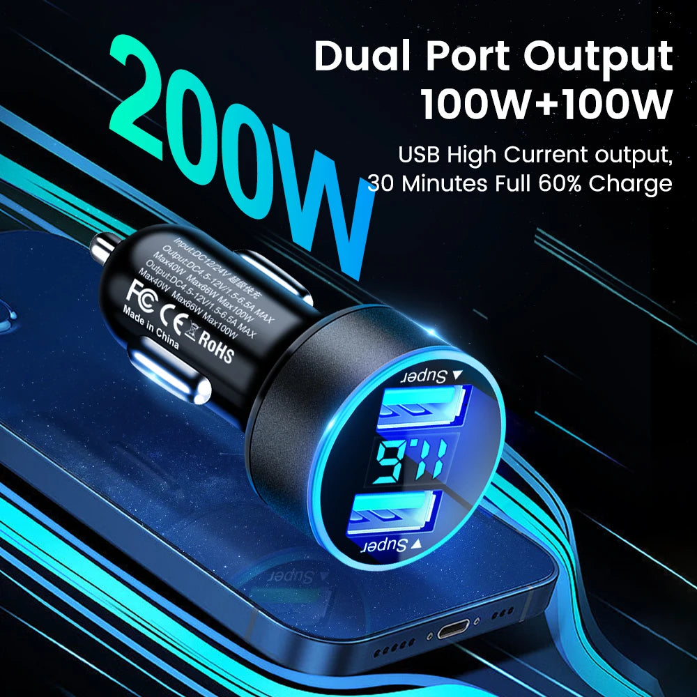 200W Car Charger Dual USB Ports Super Fast Charging